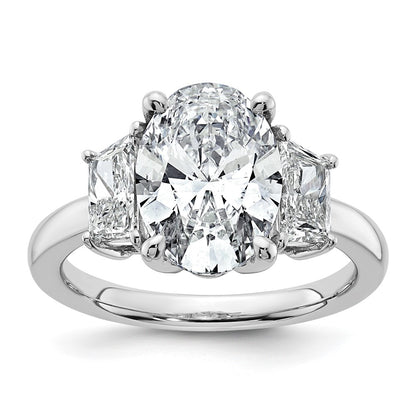 14K White Gold 1 carat Lab Grown Diamond VS+ F+ Trapezoid 3 carat Oval Semi Mount Three Stone Engagement Ring