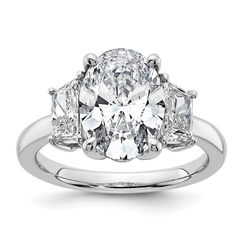 14K White Gold 1 carat Lab Grown Diamond VS+ F+ Trapezoid 3 carat Oval Semi Mount Three Stone Engagement Ring