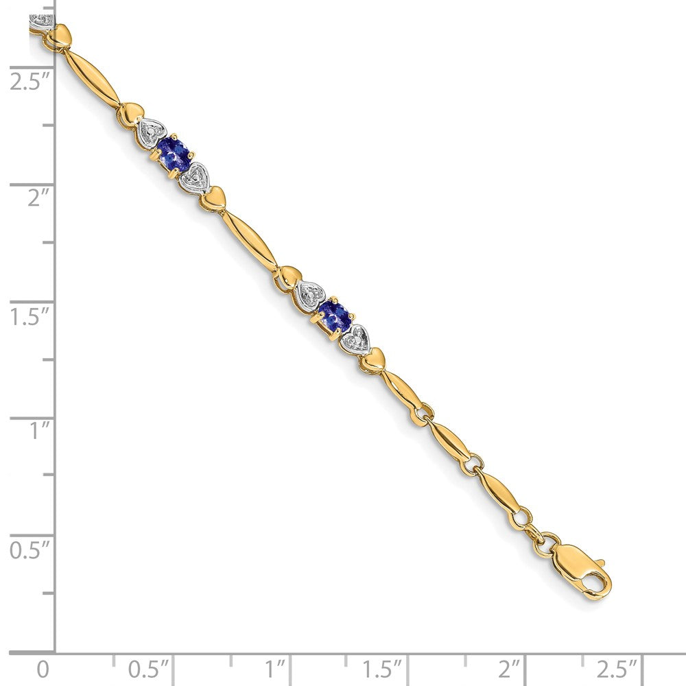 14K Yellow Gold Complete Diamond and Oval Tanzanite Heart Design 7 Inch Bracelet