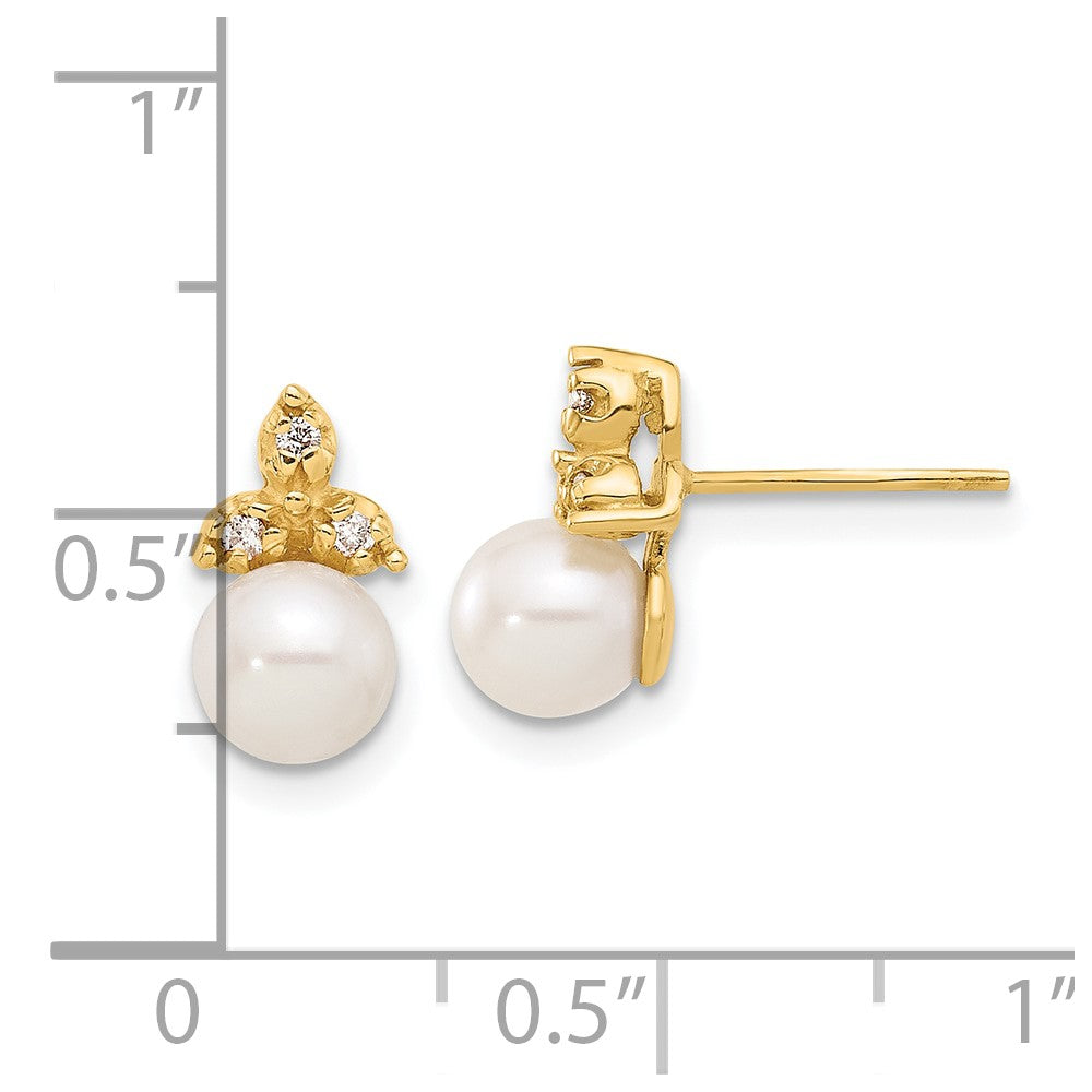 14K Yellow Gold 5-6mm Button Freshwater Cultured Pearl and .06 Carat Diamond Post Earrings