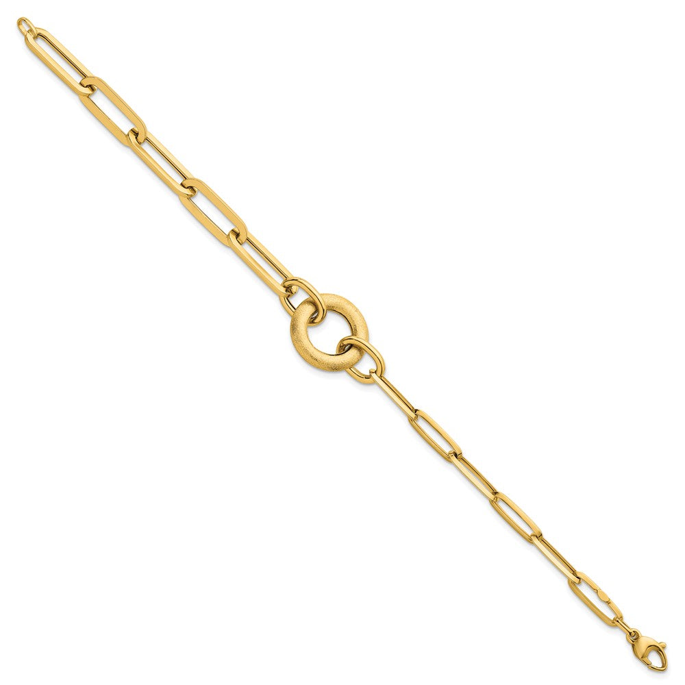 14K Yellow Gold Polished And Brushed Paperclip Link With Circle 8 Inch Bracelet