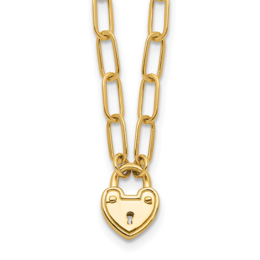 14K Yellow Gold Polished Heart Lock Charm Paperclip Link 17.25 Inch Necklace