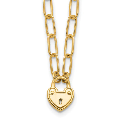 14K Yellow Gold Polished Heart Lock Charm Paperclip Link 17.25 Inch Necklace