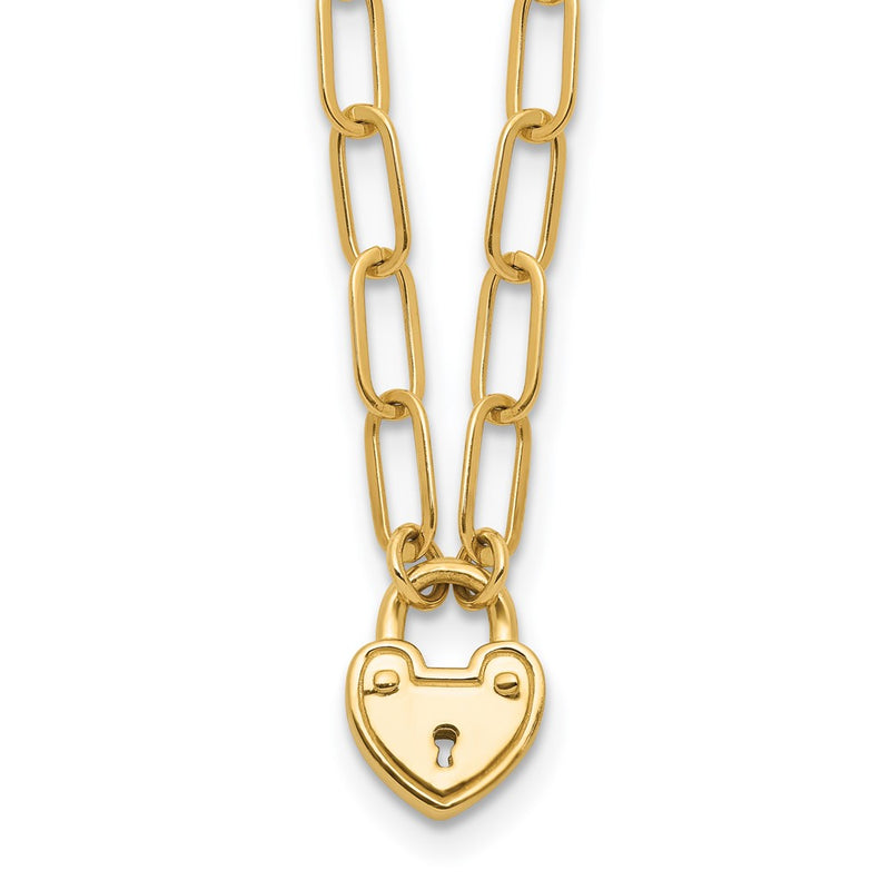 14K Yellow Gold Polished Heart Lock Charm Paperclip Link 17.25 Inch Necklace