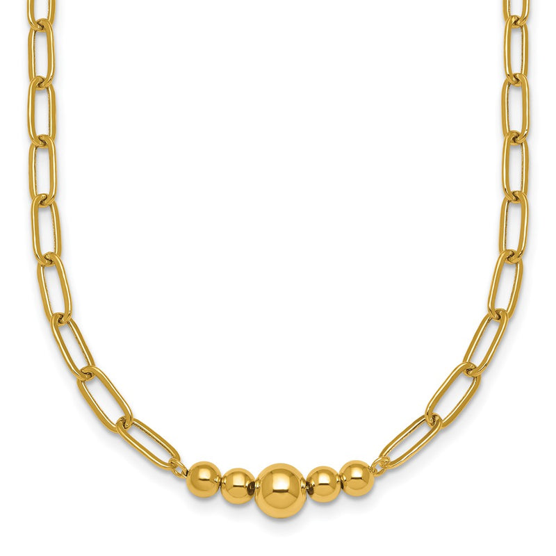 14K Yellow Gold Polished Graduated Beads 18 Inch Paperclip Link Necklace