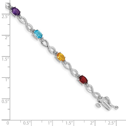 14K White Gold Complete Diamond and Oval Garnet/Swiss Blue Topaz/Citrine/Amethyst/Peridot Infinity 7 Inch Rainbow Bracelet