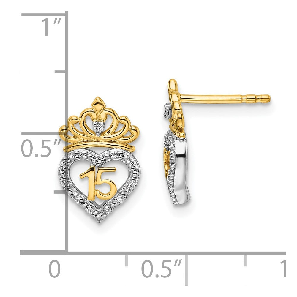 14K Two-Tone Gold Two-tone Polished 1/15 carat Diamond Quinceanera 15 Heart/Crown Post Earrings