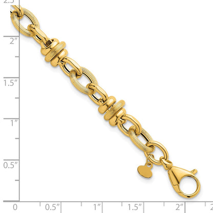 14K Yellow Gold Polished and Textured Round and Oval Fancy Chain 7.5 Inch Bracelet