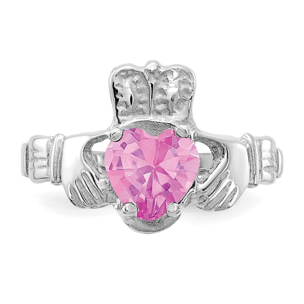 14K White Gold October CZ Heart Birthstone Claddagh Ring