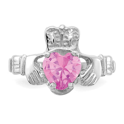 14K White Gold October CZ Heart Birthstone Claddagh Ring