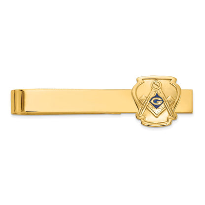 14K Yellow Gold Men's Polished and Textured with Blue Enamel Masonic Medium Tie Bar