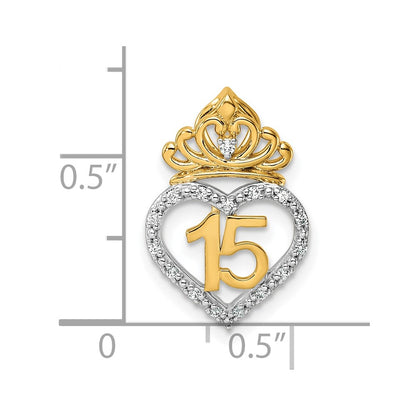 14K Two-Tone Gold Two-tone 1/15 carat Diamond Quinceanera 15 Heart with Crown Chain Slide