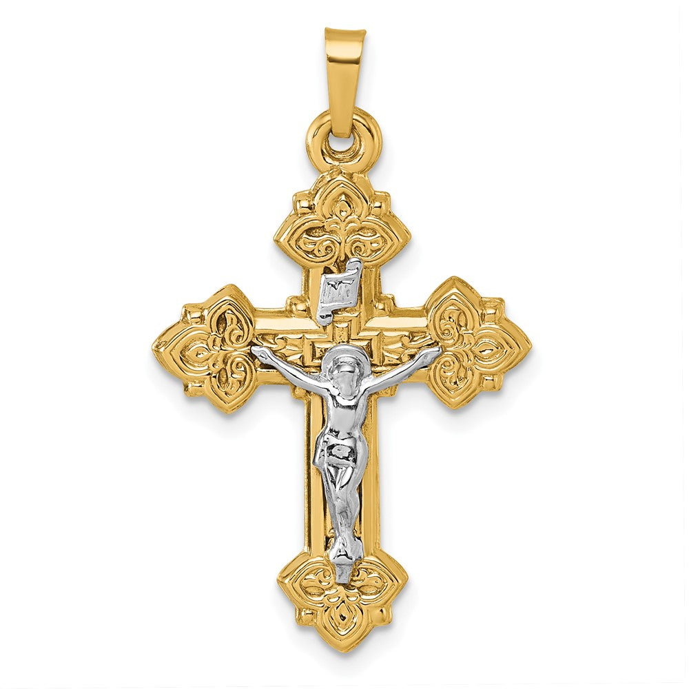 14K Yellow Gold with Rhodium Polished Fleur de Lis INRI Crucifix Cross Pendant
