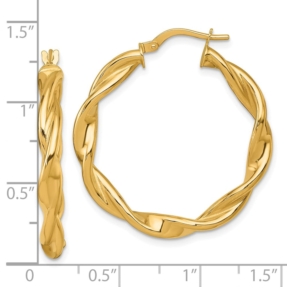 14K Yellow Gold Polished Twisted 4.00 x 33mm Tube Hoop Earrings