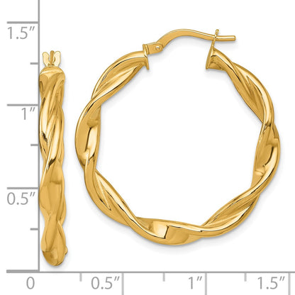 14K Yellow Gold Polished Twisted 4.00 x 33mm Tube Hoop Earrings