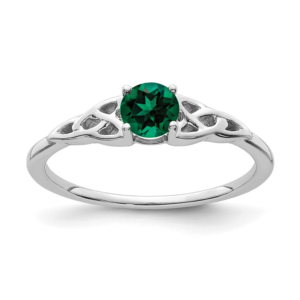 14K White Gold 4.5mm Round Lab Created Emerald Celtic Knot Ring