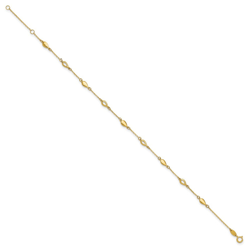14K Yellow Gold Polished Teardrop 9 Inch Plus 1 Inch Extender - Total 10 Inch Anklet