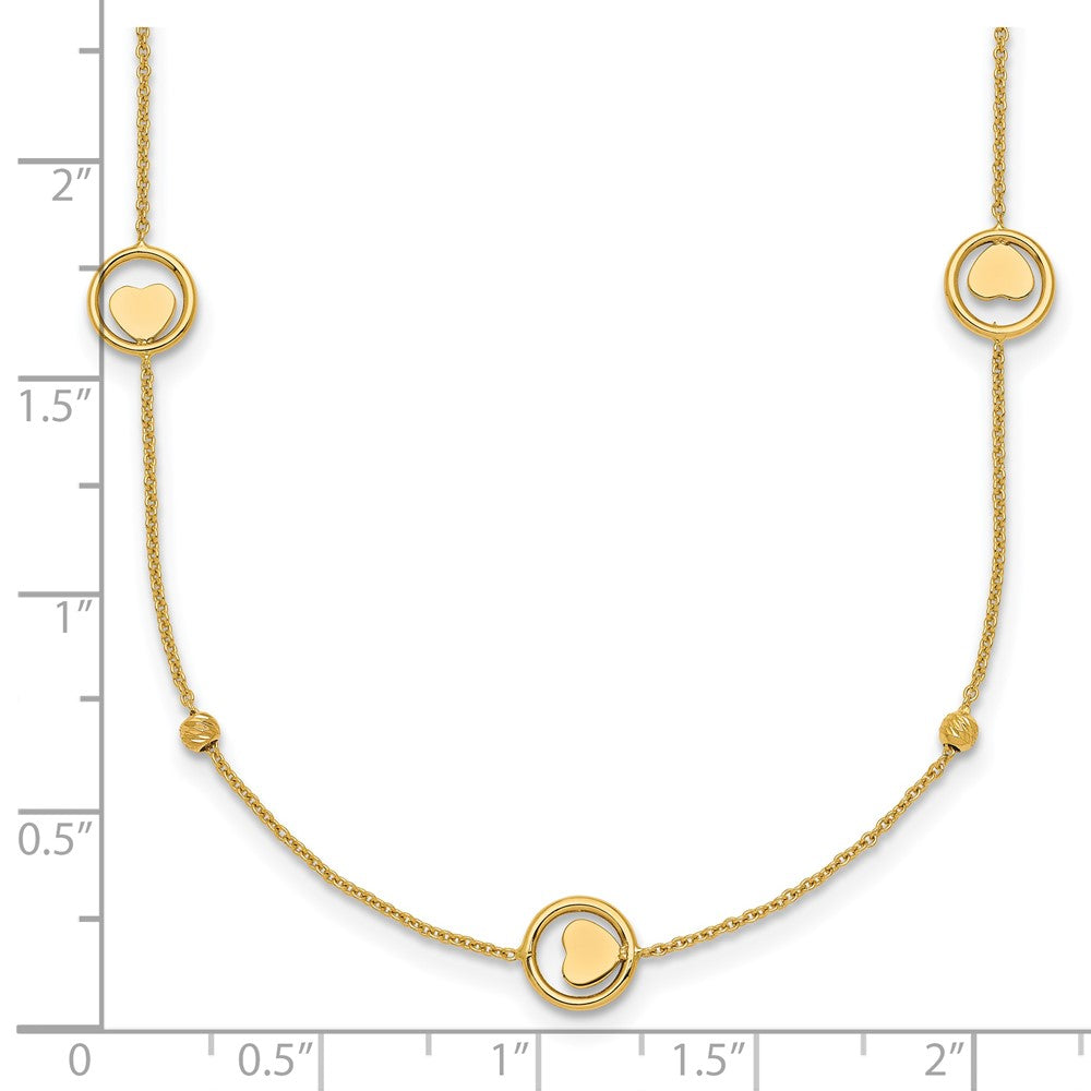 14K Yellow Gold Polished Heart in Circle with Diamond-cut Beads 7-Station 16.75 Inch Necklace