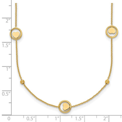 14K Yellow Gold Polished Heart in Circle with Diamond-cut Beads 7-Station 16.75 Inch Necklace