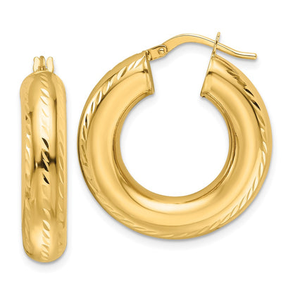 14K Yellow Gold 6x27mm Polished Diamond-cut Round Tube Hoop Earrings