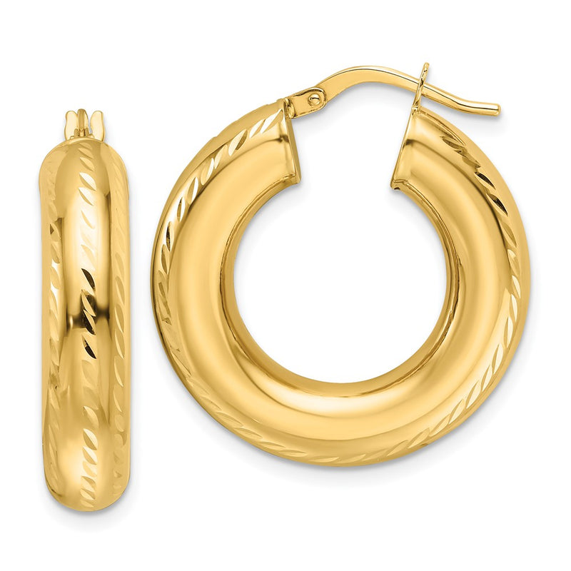 14K Yellow Gold 6x27mm Polished Diamond-cut Round Tube Hoop Earrings