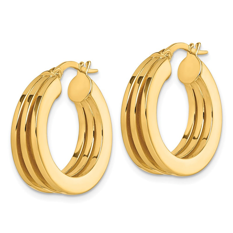 14K Yellow Gold Polished Triple Row 6.6mm x 20mm Square Tube Round Hoop Earrings