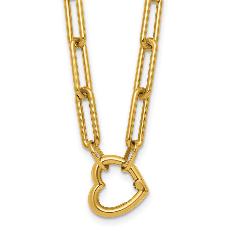 14K Yellow Gold Polished Heart Clasp 17.5 Inch Paperclip Chain Necklace