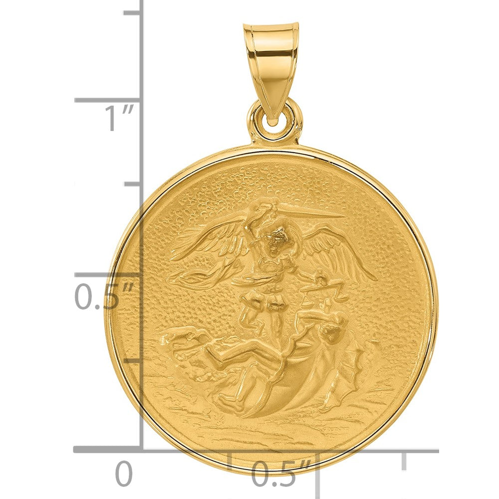 14K Yellow Gold Polished and Satin Solid Large St. Michael Medal Round Pendant