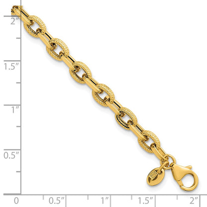 14K Yellow Gold Polished and Textured 4.9mm Fancy Cable Link 7.5 Inch Bracelet