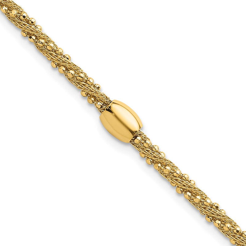 14K Yellow Gold Polished and Textured Twisted with Bead 7.25 Inch Bracelet