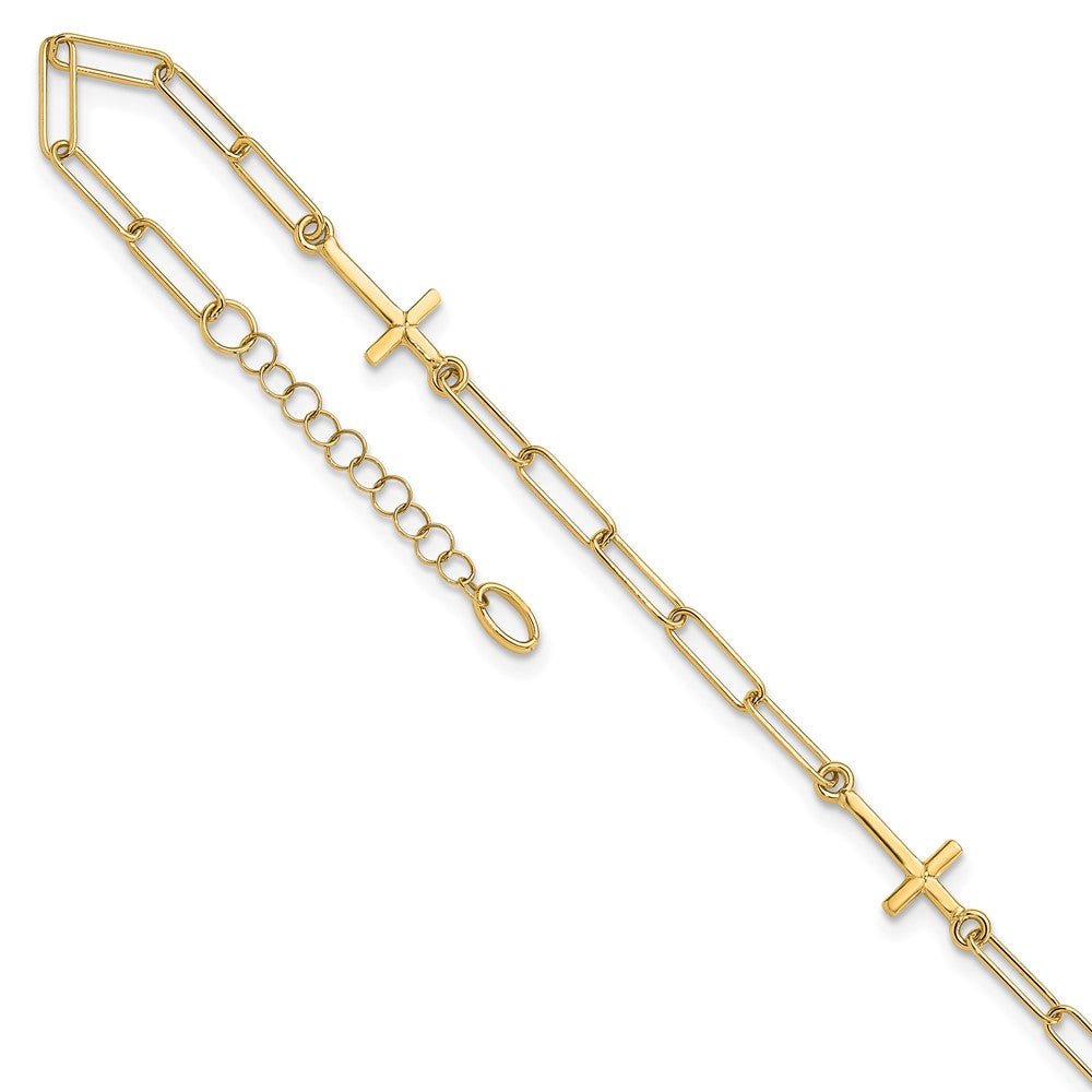 14K Yellow Gold Cross and Paperclip Link 3-Station 9 Inch Plus 1Inch Extender - Total 10 Inch Anklet