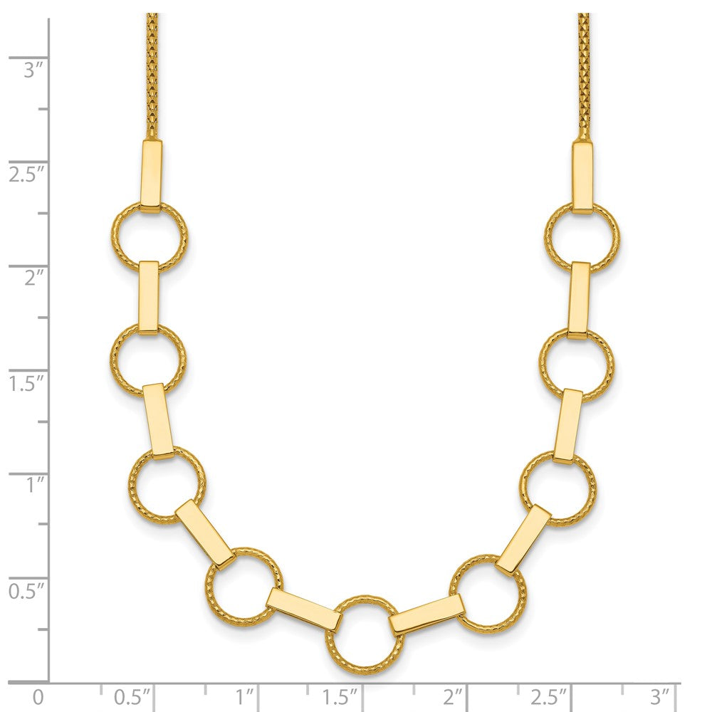14K Yellow Gold Polished and Textured Circles and Bars 17.5 Inch Necklace