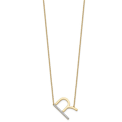 14K Yellow Gold Sideways Diamond Initial R 18 Inch Necklace