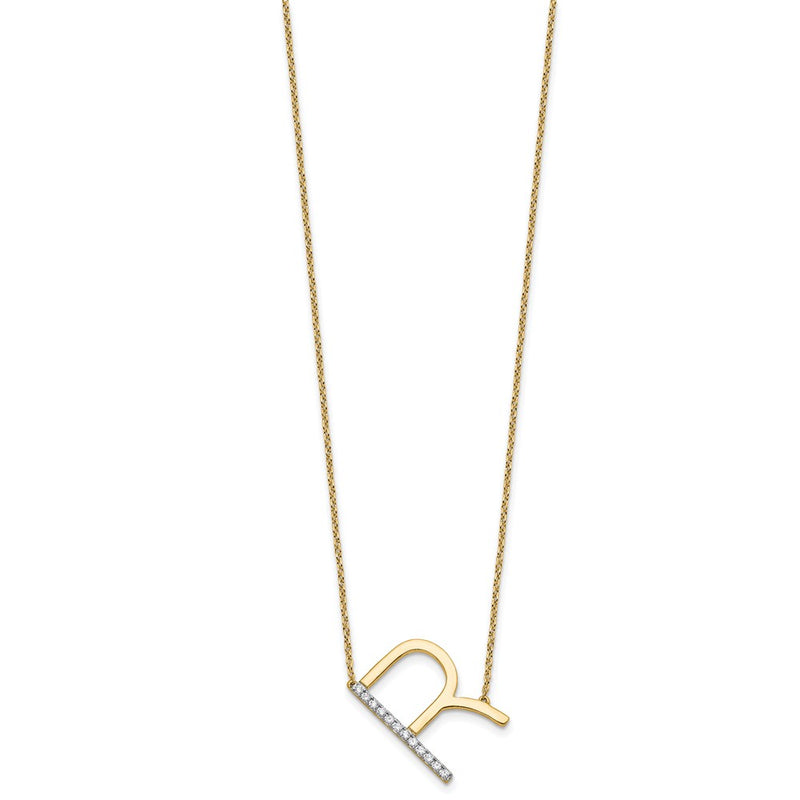 14K Yellow Gold Sideways Diamond Initial R 18 Inch Necklace