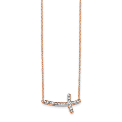14K Rose Gold 1/10 carat Diamond Sideways Cross 18 Inch Necklace