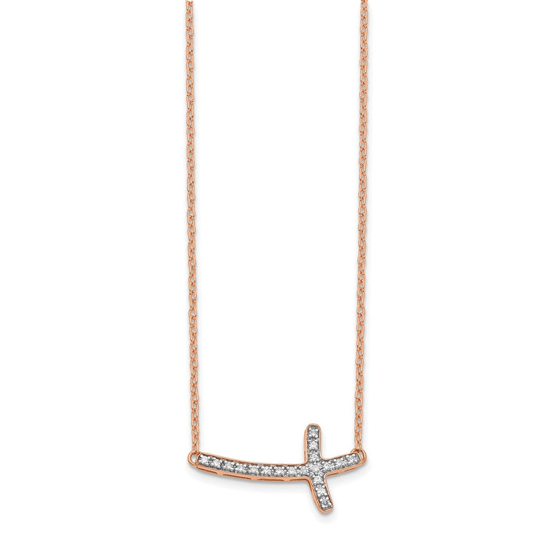14K Rose Gold 1/10 carat Diamond Sideways Cross 18 Inch Necklace