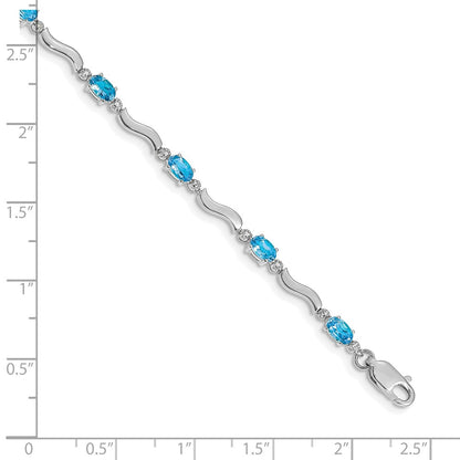 14K White Gold Complete Diamond and Oval Swiss Blue Topaz Wavy Link 7 Inch Bracelet