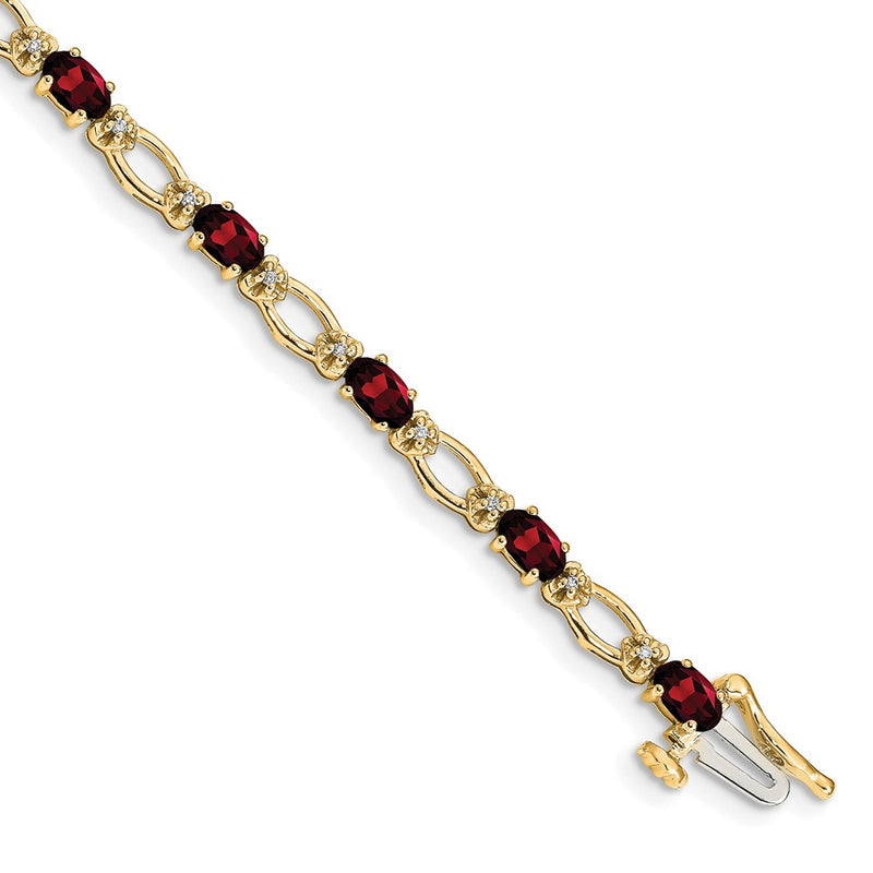 14K Yellow Gold Complete Diamond and Oval Garnet Heart Accent 7 Inch Bracelet