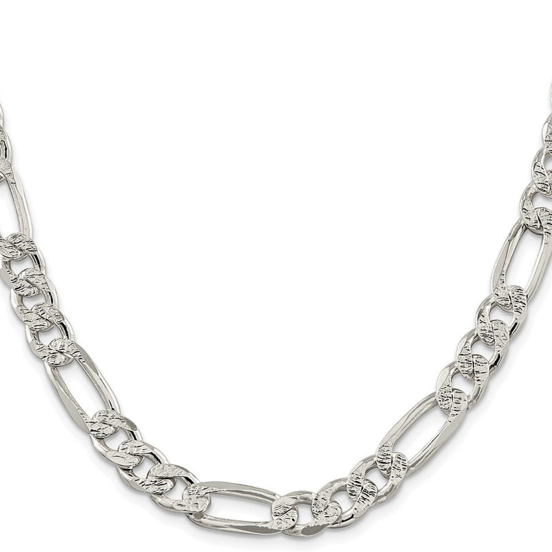Sterling Silver Rhodium-plated 9.5mm Pav‚ Flat Figaro 24 Inch Chain