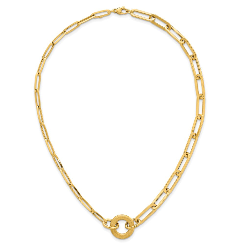 14K Yellow Gold Polished And Brushed Paperclip Link With Circle 18 Inch Necklace