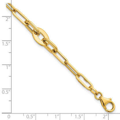 14K Yellow Gold Polished Flat Oval and Paperclip Link Chain Bracelet