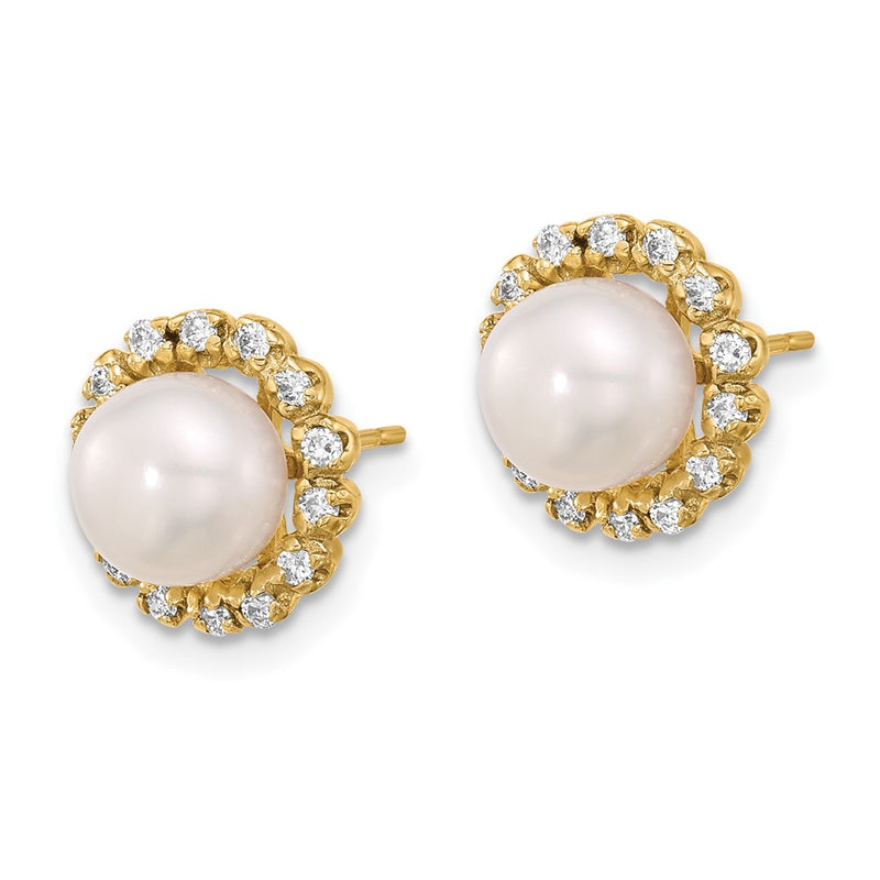 14K Yellow Gold 7-8mm Button Freshwater Cultured Pearl and .28 Carat Diamond Halo Post Earrings