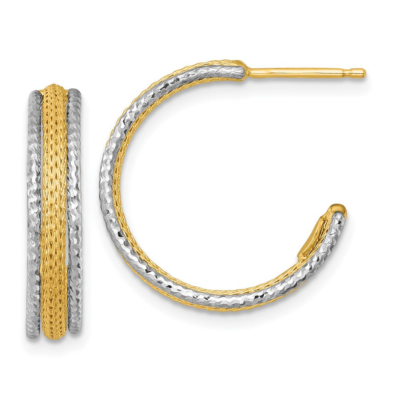 14K Two-Tone Gold Textured Woven 4mm x 20mm J-Hoop Post Earrings