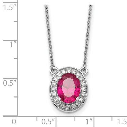 14K White Gold Diamond and 9x7mm Oval Ruby Halo 18 Inch Necklace