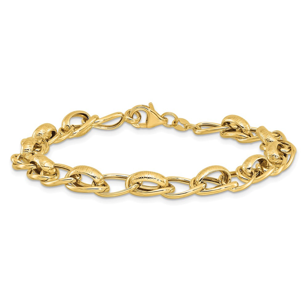 14K Yellow Gold Polished and Textured 7mm Fancy Link 7.5 Inch Bracelet