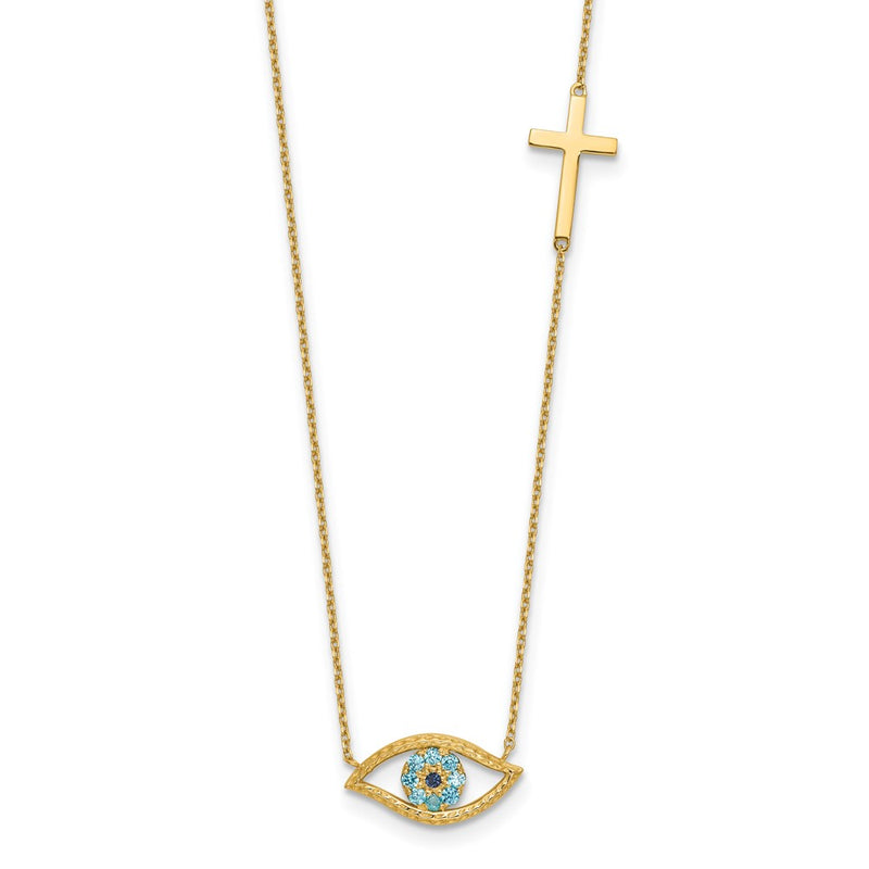 14K Yellow Gold Polished Blue CZ Evil Eye and Cross 18 Inch Necklace Plus 2 Inch Extender