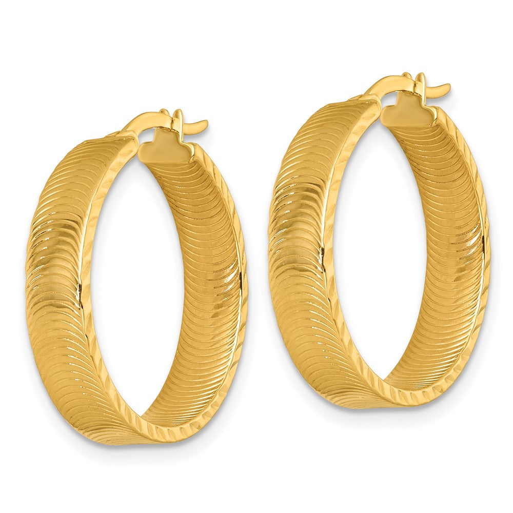 14K Yellow Gold Polished 5.0 x 22mm Diamond-Cut Textured Tube Hoop Earrings