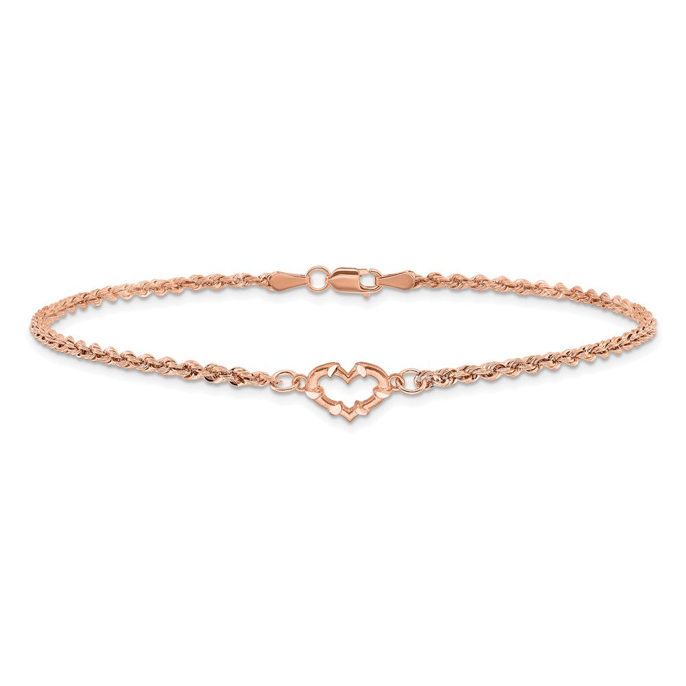 14K Rose Gold Diamond-cut Open Heart and Rope Chain Bracelet