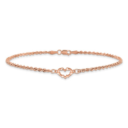 14K Rose Gold Diamond-cut Open Heart and Rope Chain Bracelet