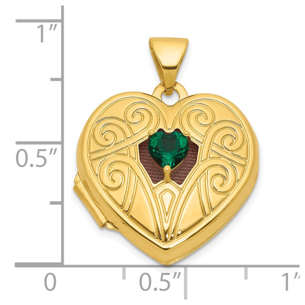 14K Yellow Gold Polished Lab Created Emerald May Birthstone 18mm Heart Locket